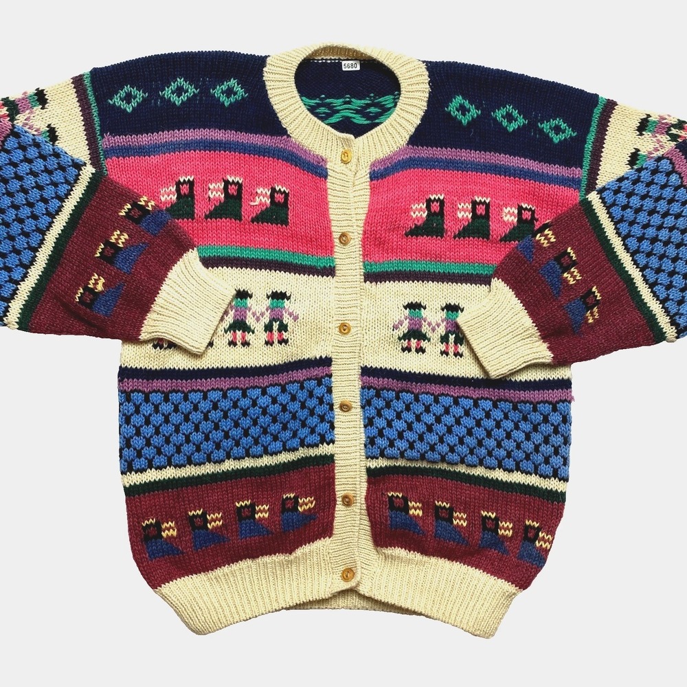 VINTAGE 90s Unbranded Cardigan Sweater Womens Medium Multicolor Knit Color Block